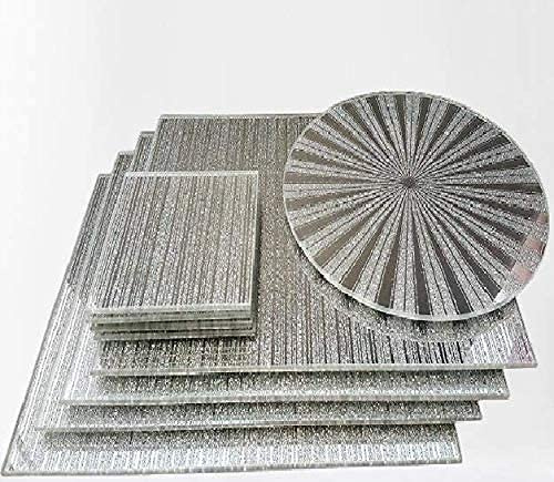 Biznest (Set Of 9) Silver Sparkle Glitter Mirrored Glass 4 X Sparkle Mirrored Coaster 4 X Sparkle Mirrored Placemats 1 X Sparkle Mirrored Centre Plate