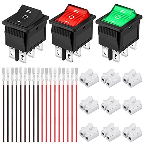 Xiatiaosann 3 piezas interruptor basculante AC 16A/250V 20A/125V DPDT encendido/apagado/encendido mini botón de presión 3 colores (negro/rojo/verde) 6 pines 3 posiciones LED interruptor de palanca