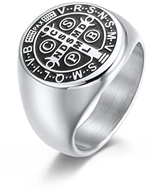 RobertDTesta Männer St. Benedikt Exorzismus Medaillon Ring, Katholische Exorzismus Kreuz Edelstahlring,Silber,11