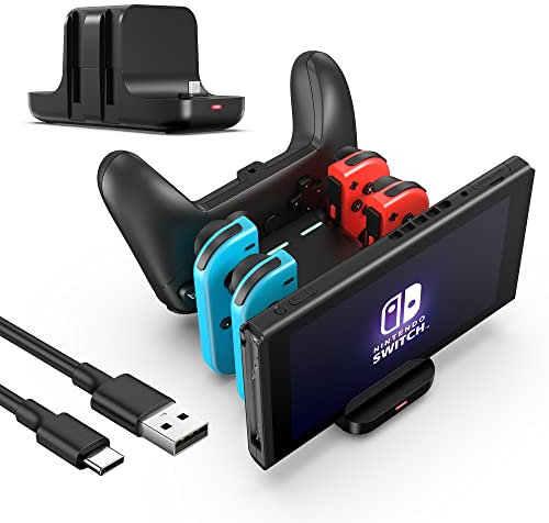 RHOTALL Switch Controller Charger for Nintendo Switch, OLED, Lite, 6 in 1 Joycon and Pro Controller Charging Dock Station, Controller Charging Stand with LED Indicator and Type C Charge Cable
