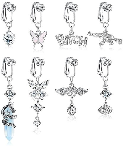 Kakonia 8 Stück Fake Bauchnabelpiercing für Damen Clip On Bauchnabelpiercing Fakes Ring Silber Chirurgenstahl Falsche Schmetterling Herz Faux Piercing Bauchnabel