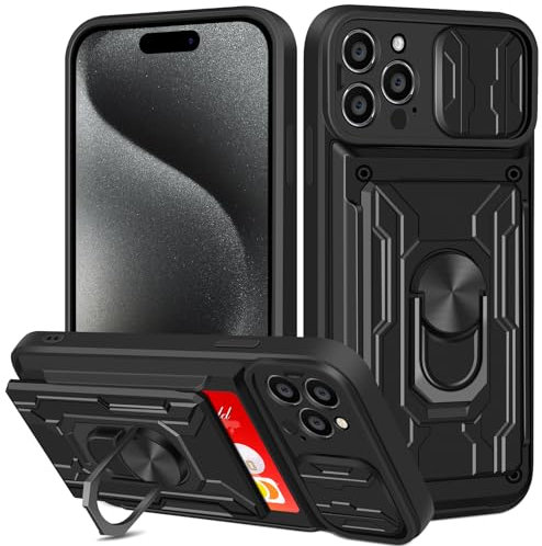 Aolcev for iPhone 15 Pro Max Case with Card Holder Wallet Case with Camera Cover Ring Kickstand Heavy Duty Hard PC Soft TPU Bumper Armor Shockproof Protective Case Cover for iPhone 15 Pro Max-Black