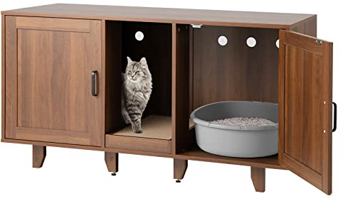 GOPLUS Meuble Litiere Chat 3 en 1, Maison de Toilette Chat en Bois 52x120x65CM, Cache Litiere avec 2 Porte, Pieds Réglables, Planche à Griffer Détachable, Trou de Ventilation, Table TV, Moderne
