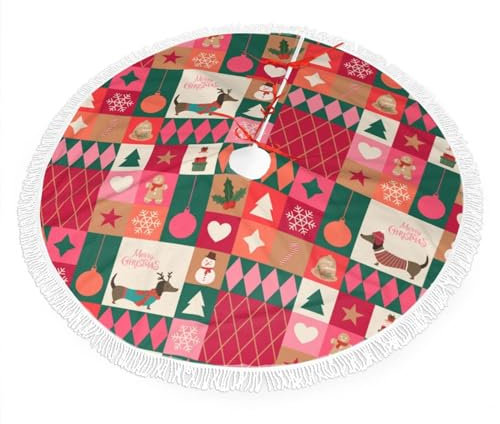 Dackel Weihnachtsbaum Rock 91,4 cm Weihnachtsmuster Hund Baum Rock für Urlaub Weihnachtsdekorationen Weihnachtsbaum Rock mit weißem Fransenrand