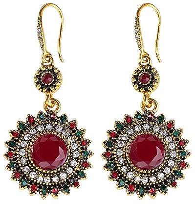 AILUOR Vintage Runde blaue Saphir Sonnenblumen baumeln Ohrringe, Frauen einzigartige Retro bunte ethnische böhmische Ohrringe Schmuck für Frauen (Gold-Rot)