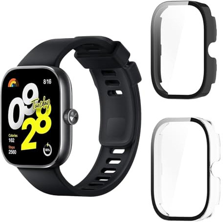 Aerku Funda Compatible con Xiaomi Redmi Watch 4, 9H HD Anti-Choque Parachoques Anti-rasguños Protector Duro PC Marco Cristal Templado Protector de Pantalla Funda - Transparente&Negro