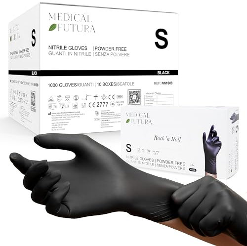 MEDICAL FUTURA - 1000 Guanti in Nitrile S Neri Monouso Anallergici Gr. 4.0, Senza Polvere, Senza Lattice, Ottimi per Estetisti, Tatuatori, Officine, Ambiti Medici e Manipolazione Alimenti (S, Neri)