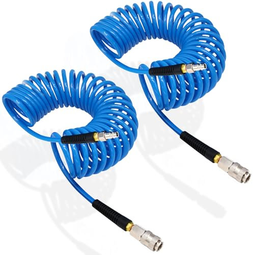 FANOVO 2PCS 5m Length Air Compressor Hose Polyurethane Recoil, 1/4 Europe Quick Coupler and Bend Restrictors for Air Compressor Accessories, 6mm ID x 9.5mm OD Blue Retractable Hose