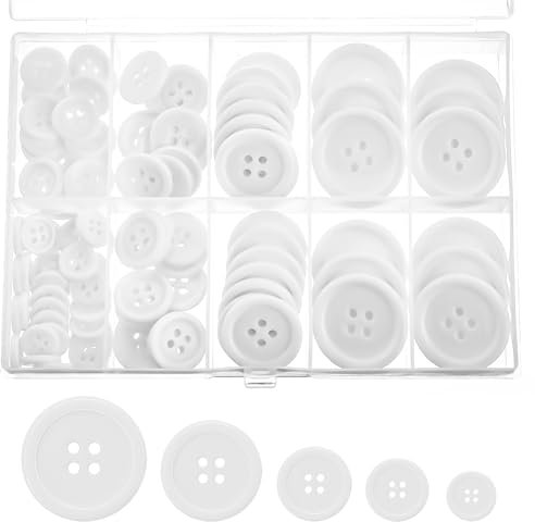 100 Stück Harzknöpfe zum Nähen, 5 Größen, Flache Rückseite, Nähknöpfe, 4 Löcher, Weiße DIY-Knöpfe mit Aufbewahrungsbox, Runde Gemischte Knöpfe zum Basteln, Nähen, Urlaubsdekoration (Weiß)