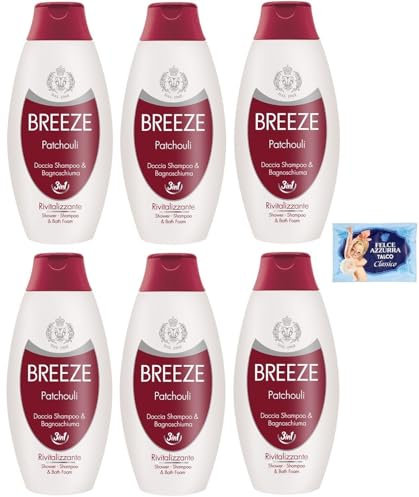 6 x BREEZE Patchouly Dusch-Shampoo und Duschgel, reinigt effektiv Körper und Haar, 400 ml + 1 Beutel Talkum Felce Azzurra 100 g