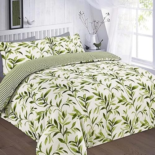 KARKARM Floral Ellie Leaf Print Duvet Cover King Size Green White Printed Duvet Cover Set Reversible Stripes Comforter Cover Bedding Quilt Covers Sets 3 pcs