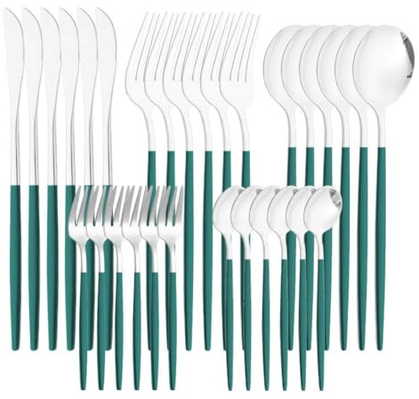 Naisicatar Silverware Set Stainless Steel Flatware Tableware Cutlery Utensil Set for Kitchen 30PCS Dark Green tableware
