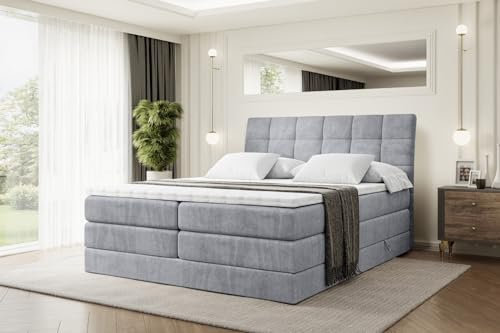 ALTDECOR Boxspringbett mit Matratze und Lattenrost, Topper, Polsterbett mit Bettkasten, Bett mit Stauraum H3- und H4- Matratze, Doppelbett, Springboxbett - BRUGO King - 200x200 - Grau Monolith