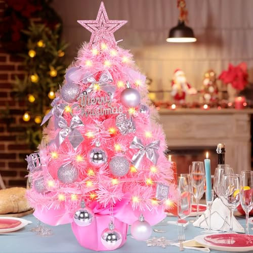 POWLYB Mini Weihnachtsbaum Rosa 50cm, Weihnachtsbaum Klein mit Beleuchtung DIY Tannenbaum Tisch Weihnachtsbaum, Weihnachten Dekoration für Home Office Shop Desktop