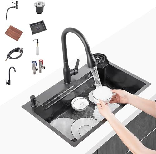 Evier inox carré Noir Evier Cuisine 1 Bac évier Commercial évier de vaisselle d'hôtel avec Robinet Rétractable Rince Verre Noir for Restaurants/magasins/bars(60 * 45cm(23.6*17.7))