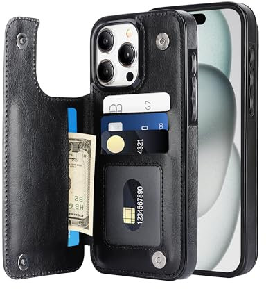SOOFUN iPhone 15 Pro Case with Card Holder, Flip Case, PU Leather, Black