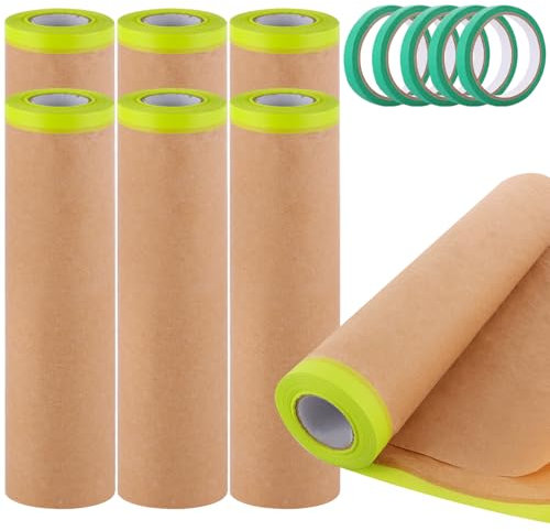 YOUNTHYE 7Rolls Masking Paper for Spraying, 24 x 36ft Paint Masking Paper Pre-Taped Masking Film, Tape and Drape Masking Paper for Car Furniture Carpet Protection