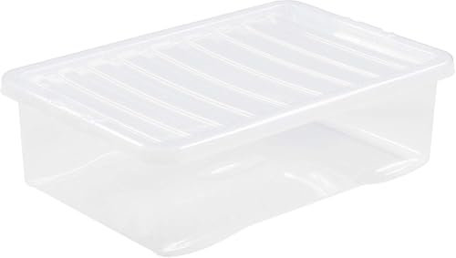 Wham Clear Plastic Storage Boxes With Lids Home Office Stackable Nestable Container Box, 32L Easy fit Underbed Protective Storage Box, 60.00 x 40.00 x 18.00 cm (Set of 4)