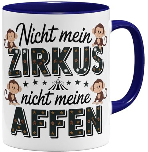 OM3® lustige Kaffee-Tasse mit Spruch - Nicht mein Zirkus nicht meine Affen - Zirkuszelt Äffchen - Statement Bürotasse IV | Keramik Becher | 325ml | Beidseitig Bedruckt | Dunkelblau