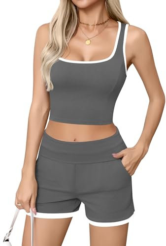 Missufe Damen 2 Teiler Outfits Ärmelloses Crop Tank Top und Shorts Kurze Hose Sommer Sport Hausanzug Set (Grau, Medium)