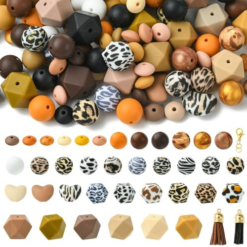 Ipotkitt 141pcs Leopard Print Themed Silicone Beads Kit Rubber Round Heart Beads Rondelle Hexagon Focal Beads for DIY Beadable Pen Jewellery Making