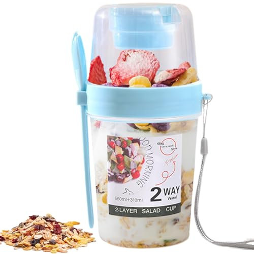 Larfraecy Vaso de Yogur y Cereales para Llevar 2 en 1 Taza de Yogur 560ml+310ml,Recipientes para cereales Con Tenedor,Tazas de avena para el desayuno para Yogur,Cereales Ensaladas y Frutas (Azul)