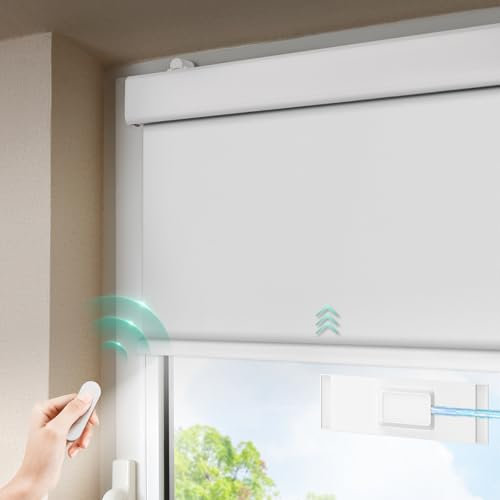 DENFOON Rollo Elektrisch Innen, Elektrisches Rollo Verdunkelung mit Fernbedienung,ohne/mit Bohren easyfix Klemmfix, Weiß B50 x H170cm für Fenster