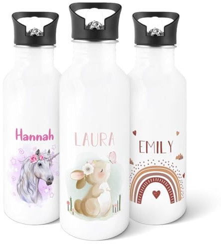 GRAVURZEILE - Gourde imprimée en acier inoxydable - Lapin - Personnalisable avec nom - 600 ml - Anti-fuite avec bec rabattable et paille intégrée