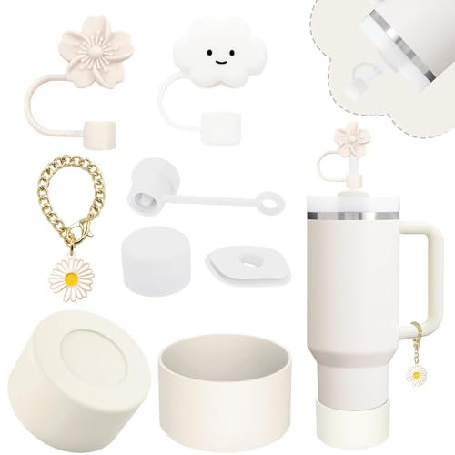 VICDUEKG Stanley Cup Zubehör Accessory Set, enthält 3 Auslaufsichere Silikonstopfen, 2 Stück Strohdeckel, 1 Anhänger, 1 Silikonhülle für Stanley Cup 1,2l und 850 ml 40oz Becher (Cremiges Gelb)