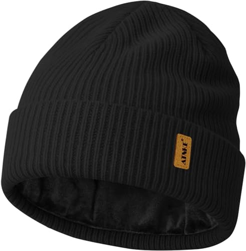 ATNKE Unisex Strick Beanie Mütze, Dehnbar Dick Warm Fleece Gefüttert Alltagstauglich Winter Weich Mit Bündchen Wollig Totenkopfmütze Geschenke für Herren Väter und Damen