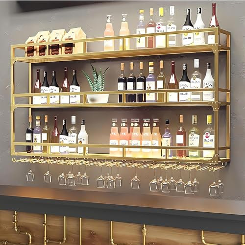 KEPMOGOH Casier à Vin en MéTal, Porte-Bouteilles Mural avec Porte-Verre, Etagere A Vin, Porte-Vin, Etagere Murale Range Bouteille Vin pour Maison, Cuisine, Bar, Salle À Manger (Or, 150cm)