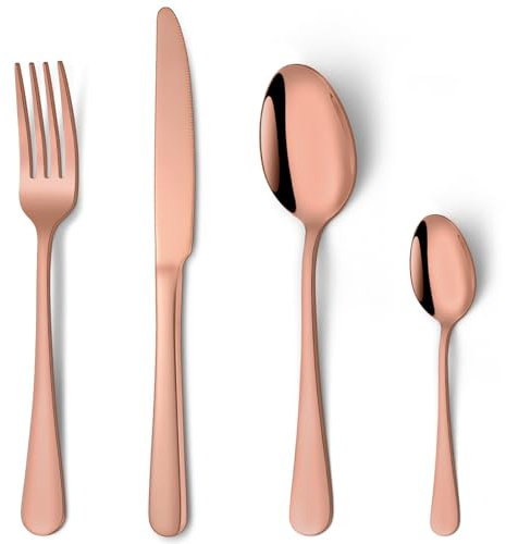 Cutlery Set Rose Gold, HONKKU 48 Pieces Stainless Steel Flatware Set for 12 People, Mirror Polished Silverware Set with Spoon Knife and Fork Sets for Home Kitchen, Dishwasher Safe