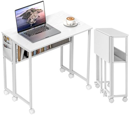 HOMCOM Folding Desk with Storage Shelf and Bag, 80 cm Foldable Computer Desk for Small Spaces, Space Saving Writing Table on Wheels for Home Office, Bedroom, Easy Assembly, White
