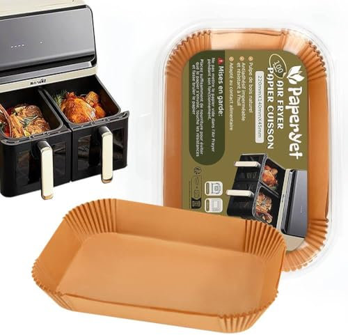 Papier Cuisson Air Fryer Rectangulaire | 100 Feuilles Antiadhesives | Sans BPA | Compatible Ninja | Sans Huile sans Gras | Dual Zone Double Stack | Friteuse à Air Résist à 230°C