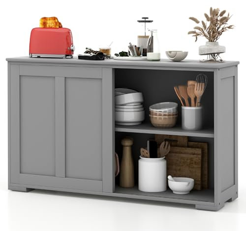 GiantexUK Kitchen Sideboard, Wooden Buffet Cabinet with Adjustable Shelf and Sliding Doors, Freestanding Storage Cupboard Unit for Dining Living Room Hallway (without glass, Grey)