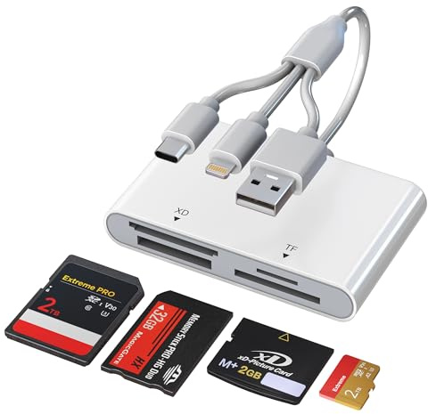 OTG Memory Stick Pro Duo Adapter, 4-in-1 USB C/Lightning/USB-A to SD/TF/XD/MS Card Reader for Sony Lexar Sandisk, Plug & Play Digital Camera Card Reader for iPhone 14/15/16/17/Android/Mac/PC/Pad | 3 Ports to Multi Memory Card Reader for Sony Cyber-shot SD/Memory Stick/xD/TF, Plug & Play for iPhone 17/16/14,Pad,MacBook,PC