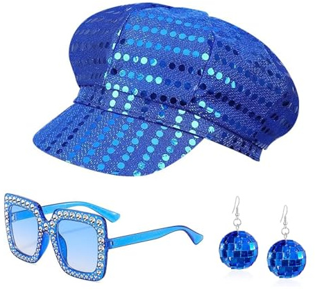 TGKEAIY 3Stück 70er Jahre Disco Kostüm Damen, Discokugel Ohrringe Hut mit Sonnenbrille, Disco Glitzer Kostüm Set für Erwachsene Party Geburtstag Konzert Fasching Karneval(Blau)