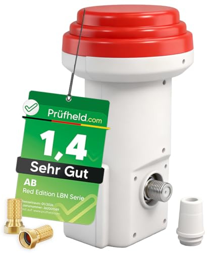 [Test SEHR GUT, Note 1.4 *] AB Single LNB (Red Edition) 1 Teilnehmer für Satellitenschüsselantenne, 4K LNC mit LTE-Filter, 1-Fach-Direktanschluss an Sat Receiver inkl. 2X vergoldete Nonic F-Stecker