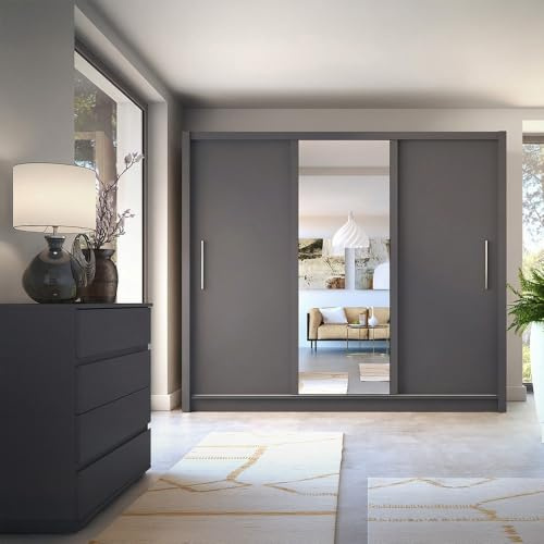 Lomadox Schlafzimmer Kleiderschrank mit 250 cm Breite in Graphit, 3 Türen & 1 Kleiderstange -