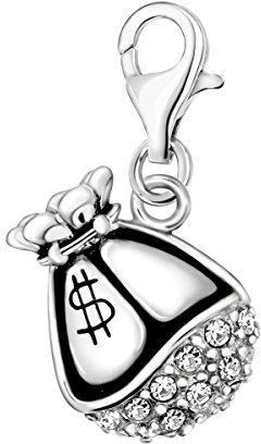 Quiges Charm Anhänger Weiß Zirkonia 3D Dollar Geld Tasche 925 Silber mit Karabinerverschluss für Bettelarmband