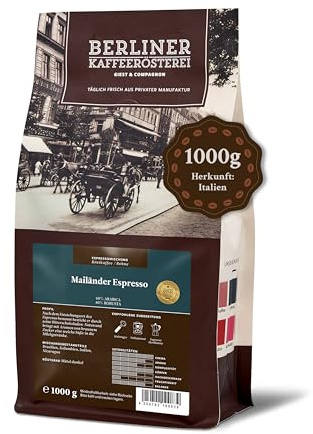 Mailänder® Espresso ganze Bohne (1000g) – Intensiver Espresso mit natürlichen Kakao- und Karamellnoten – Ideal für cremige Milchgetränke – Mittel-dunkle Röstung – Espresso Blend
