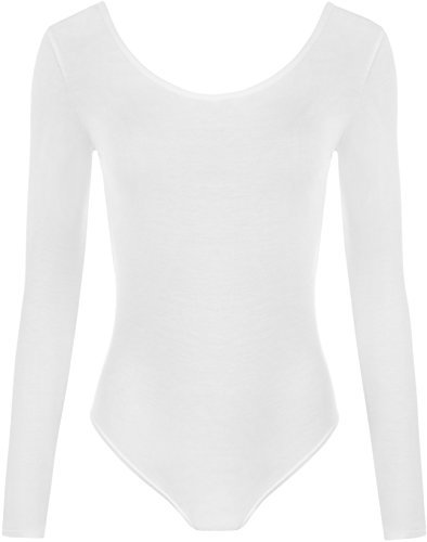 WearAll New Ladies Stretch Bodysuit Long Sleeve Top Womens Leotard White 8/10
