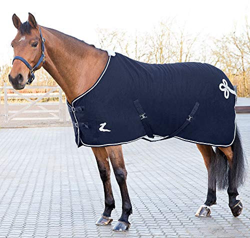 HORZE Millau Wolldecke Abschwitzdecke für Pferde, Pferdedecke, Schweiflatz, Doppelter Frontverschluss, Größe 75-165, Dunkelblau, Stall- oder Turniergebauch, Blau, 125