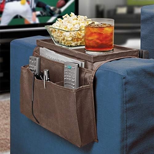 JIAHG Sofa Armrest Organiser with Tray, Couch Caddy Arm Rest Storage Bag Pouch Remote Control Holder Chair Armchairs Bedside Pockets Sofa Tidy Table Space Saver for Phone Glasses Magazines Newspaper