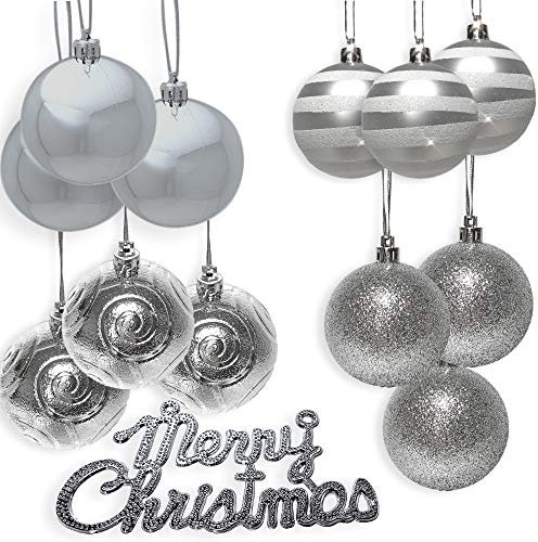 BANBERRY DESIGNS Silver Christmas Tree Ornaments - Set of 12 Silver Christmas Balls and 1 Silver Merry Christmas Sign - Xmas Party Decorations Ornament Combo Pack- Shatterproof Holiday Ornaments