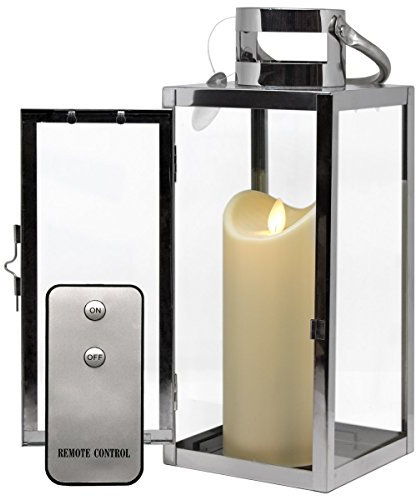 Dekovita Edelstahl-Laterne - 30cm Gartenlaterne inkl. 18cm Outdoor LED Kerze in Creme-Weiß mit Timer Fernbedienung