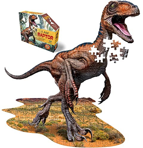 Madd Capp 884016 Shape Puzzle Junior, Konturpuzzle Velociraptor, 100 Teile, für Erwachsene und Kinder, Braun