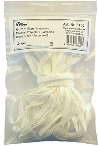 Yline 1 m Gummilitze Breite 5 mm, Farbe: weiß, Gummiband, Mundschutz - Gummi, Meterware, 3130