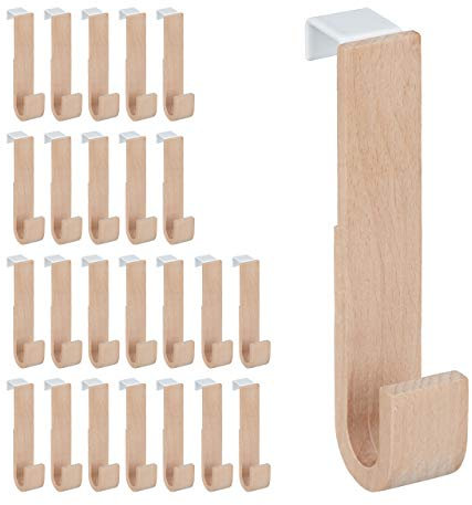 Relaxdays Crochet de Porte, Lot de 25, Bois & Fer, patères pour Vestes & Serviettes, HLP 13 x 2,5 x 6 cm, Blanc/Nature
