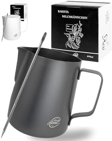 Pro@Home43 Barista Milchkännchen Edelstahl schwarz anthrazit 600ml (auch 350ml) inkl. Latte Art Stift/Milchschaumkännchen in Geschenkbox